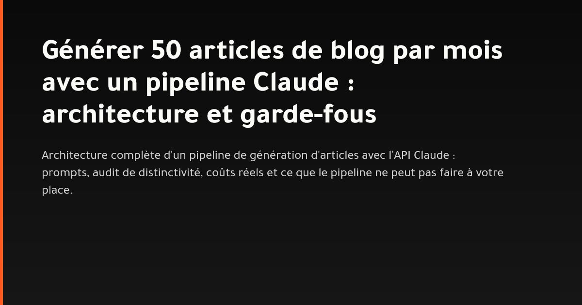 Schéma d'un pipeline de génération automatique d'articles de blog avec Claude API